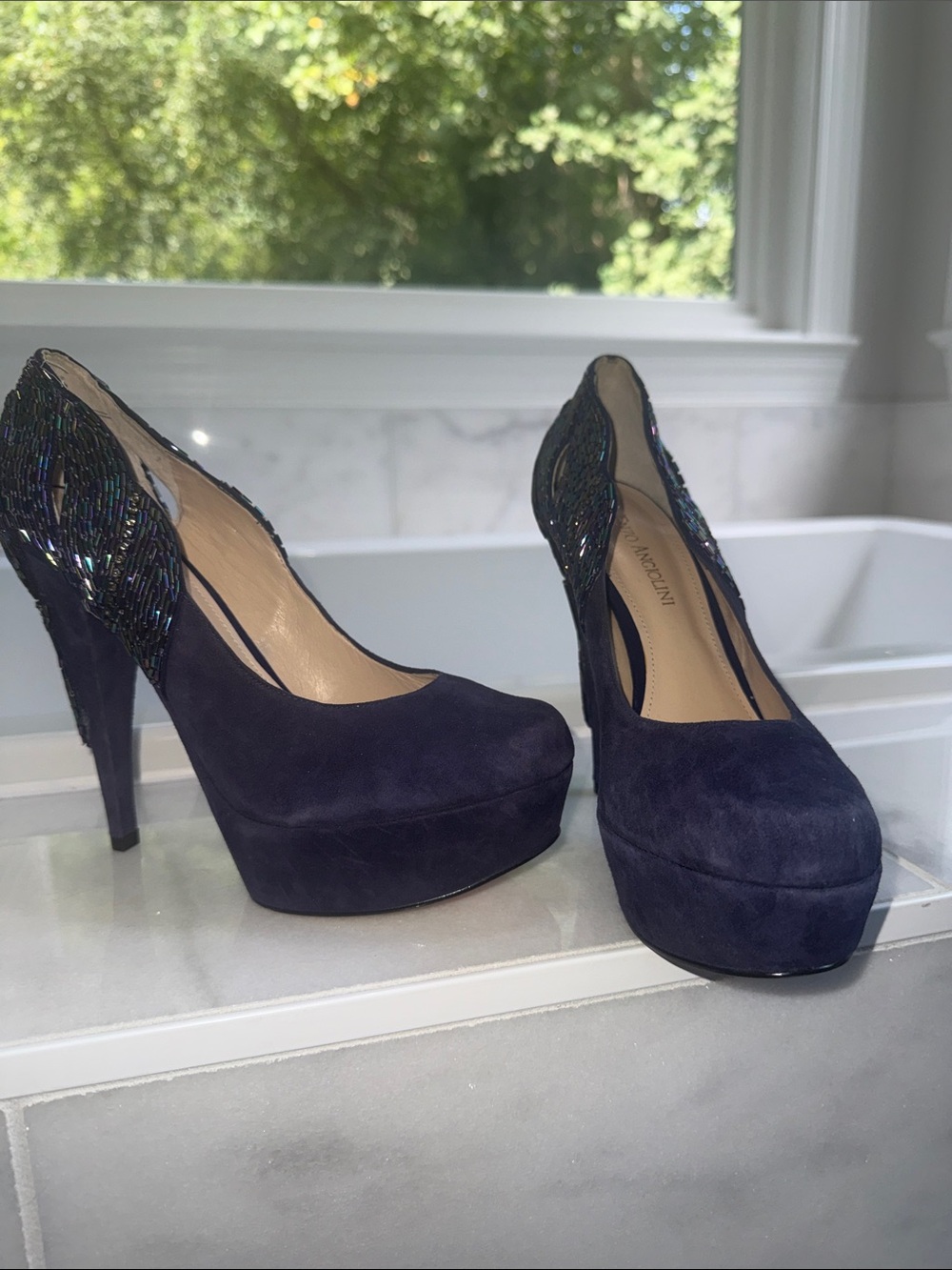 Enzo Angiolini Navy Suede Platform Pumps with Iridescent Heel Detail